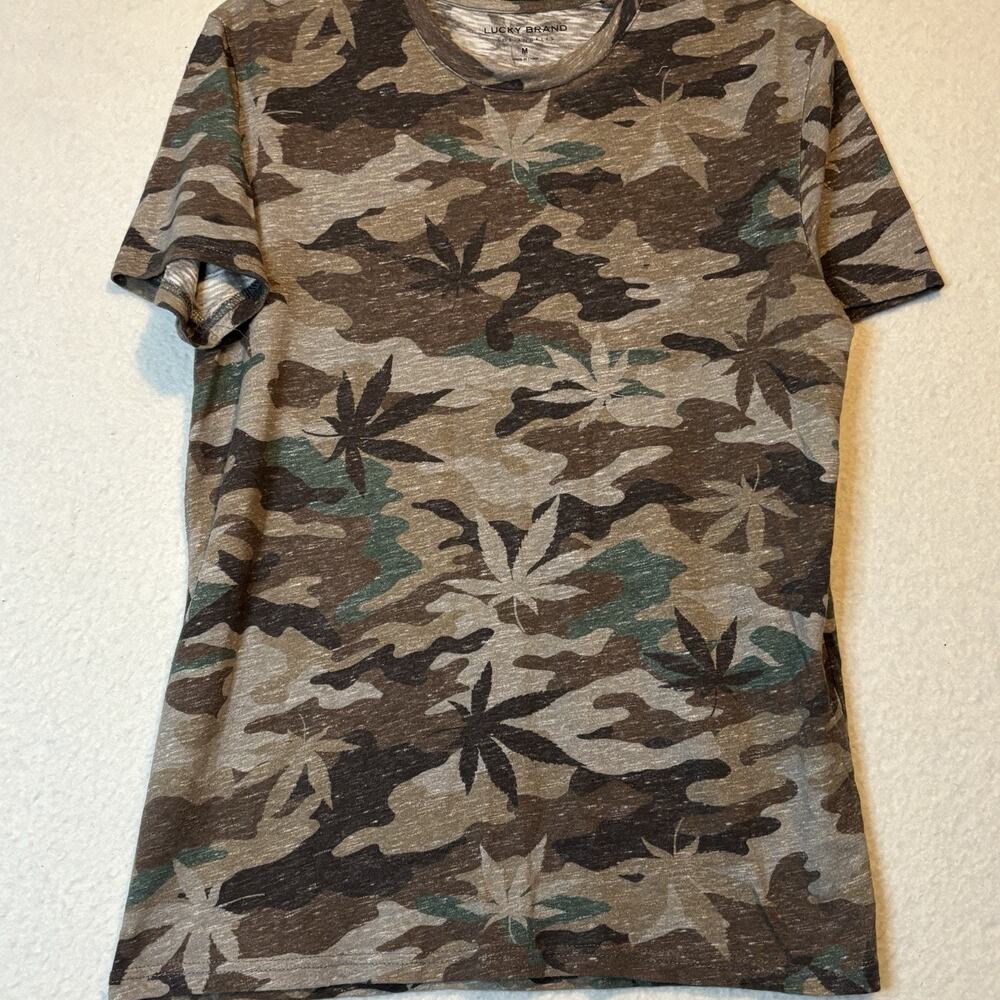 Lucky Brand GANJA Shirt ADULT Medium BROWN CAMO‎ SMOKE WEED CASUAL LINEN